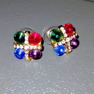 Vintage Multicolor Rhinestone Piercing Earrings .65"